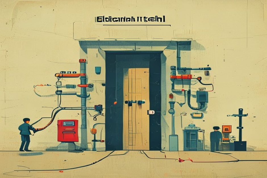 A single guarded doorway in a wall, with many tool-shaped supply lines converging into it from untrusted territory on one side and one clean audited line leaving on the other; a small staffed guard booth beside the door versus an empty booth