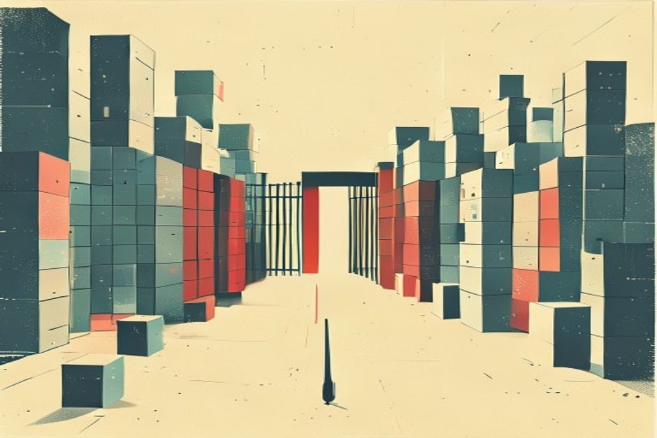 Many separate data silos as small blocks funneling through a single narrow gate into one bright terminal cursor