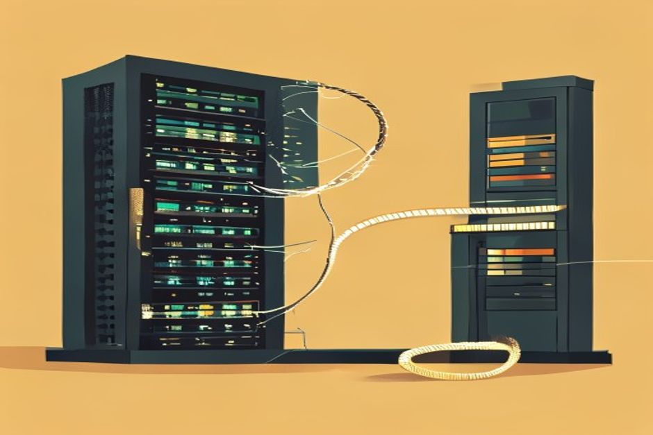 A dark server rack with one glowing session thread snapping mid-transit, and a separate external store off to the side holding a coiled tape of numbered events, cold monospace labels