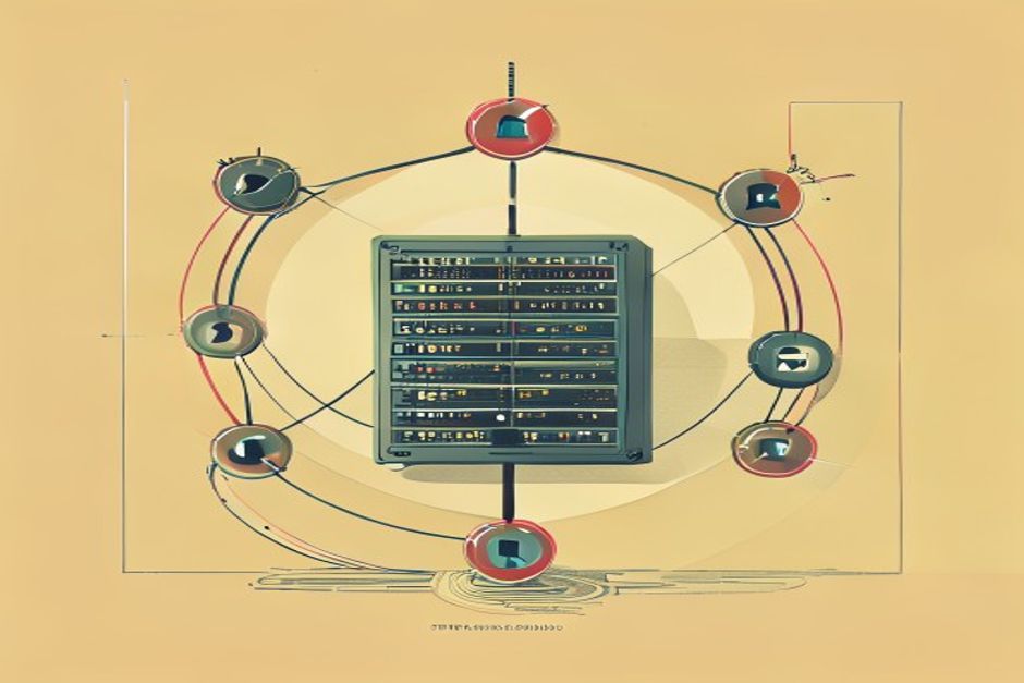 An old MCP server with a session-store tether being unhooked and re-plugged as identical stateless nodes behind a plain round-robin balancer, a small handle token passing between calls