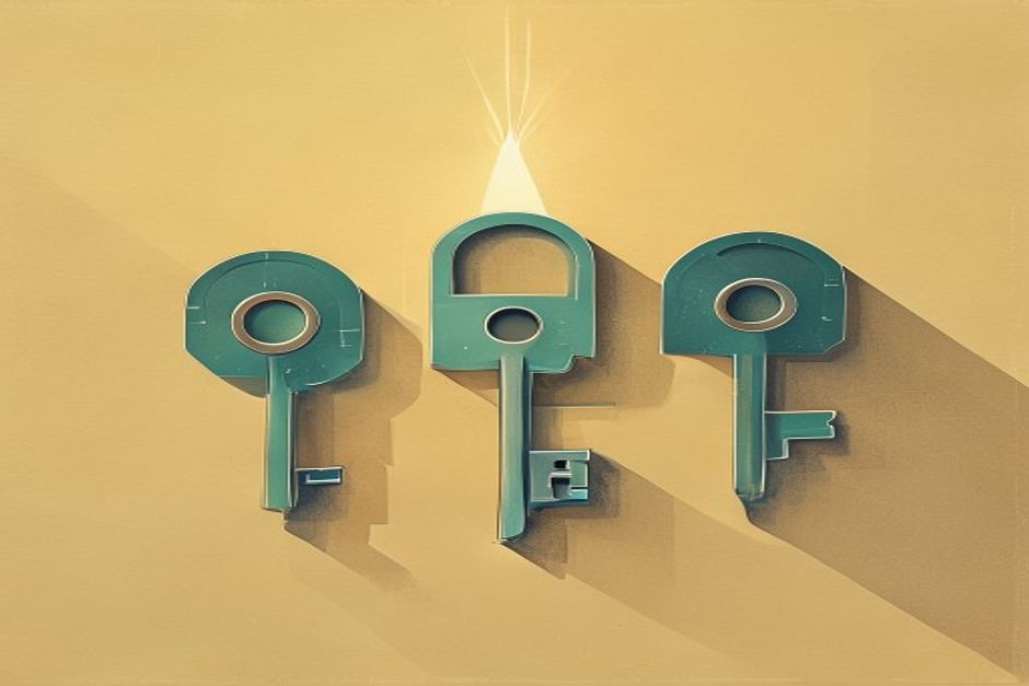 Three differently-shaped keys cut to fit one identical lock face, a single cold light above the keyway