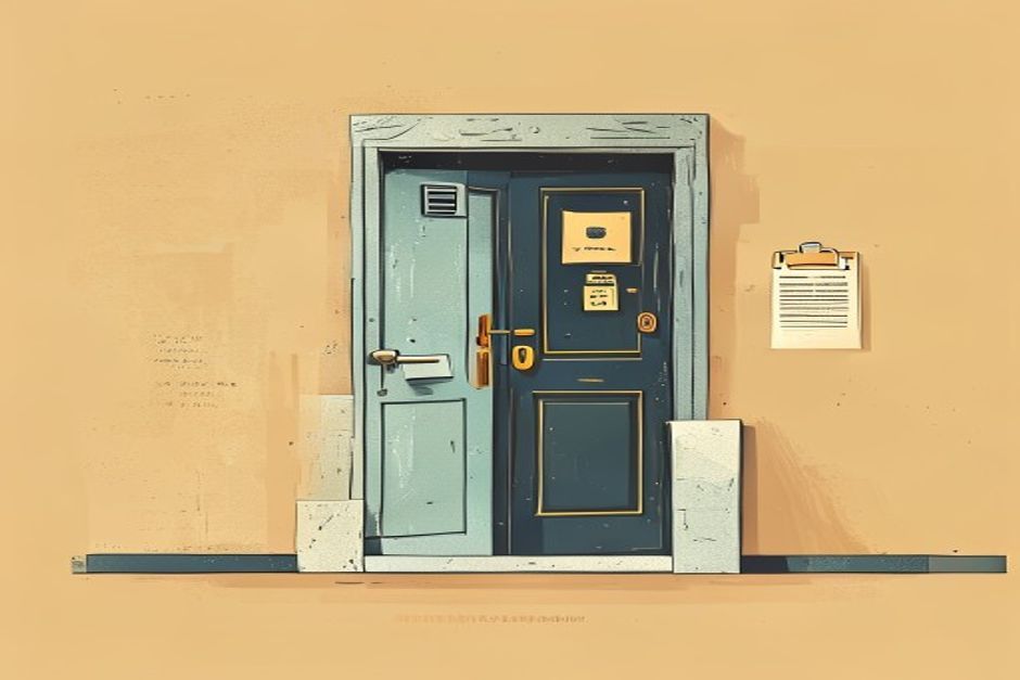 A sealed door with a keycard reader set into a wall, and beside it a plain form on a clipboard — two separate ways in, one guarded and one open