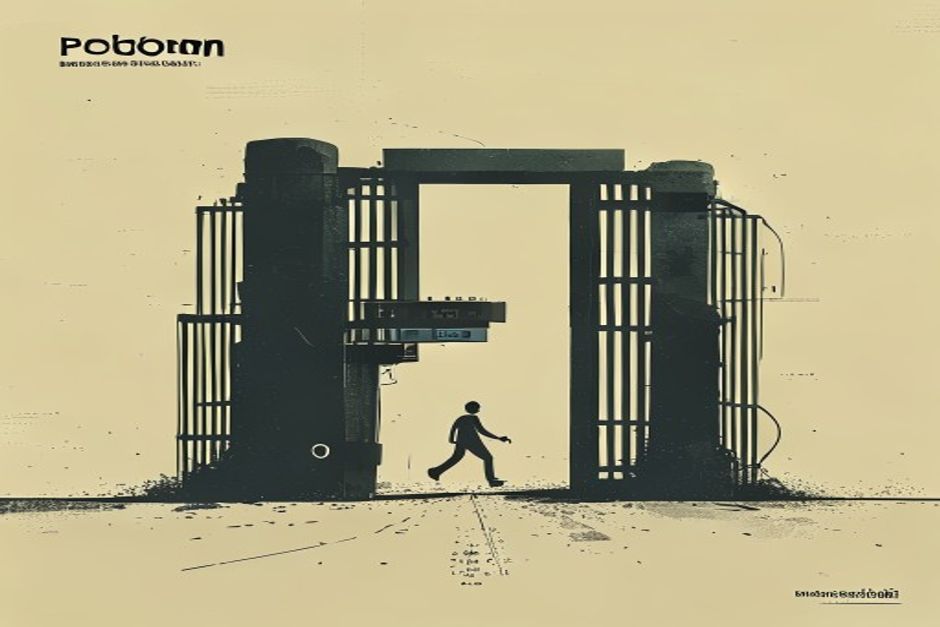 A vast well-funded machine stalled at a narrow gate labeled production, a single small figure walking through the same gate unhindered, monochrome with one green accent
