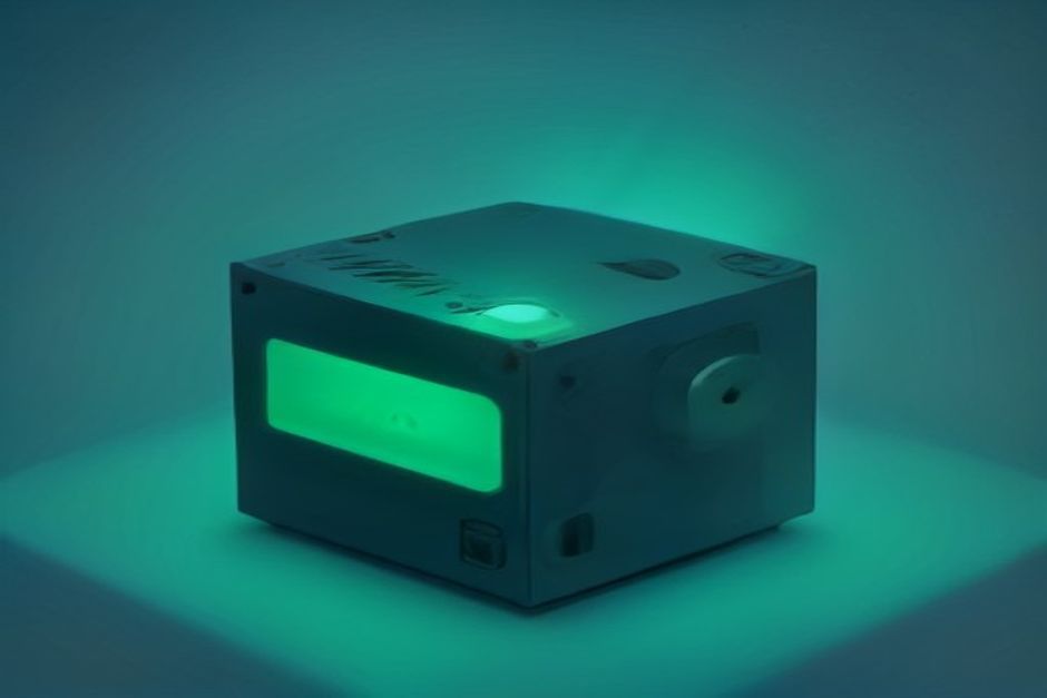 A small bright model core running inside a single desktop GPU on a workbench, its data cable to the cloud unplugged and coiled aside, an open padlock resting on the card — cool mint-green glow on charcoal