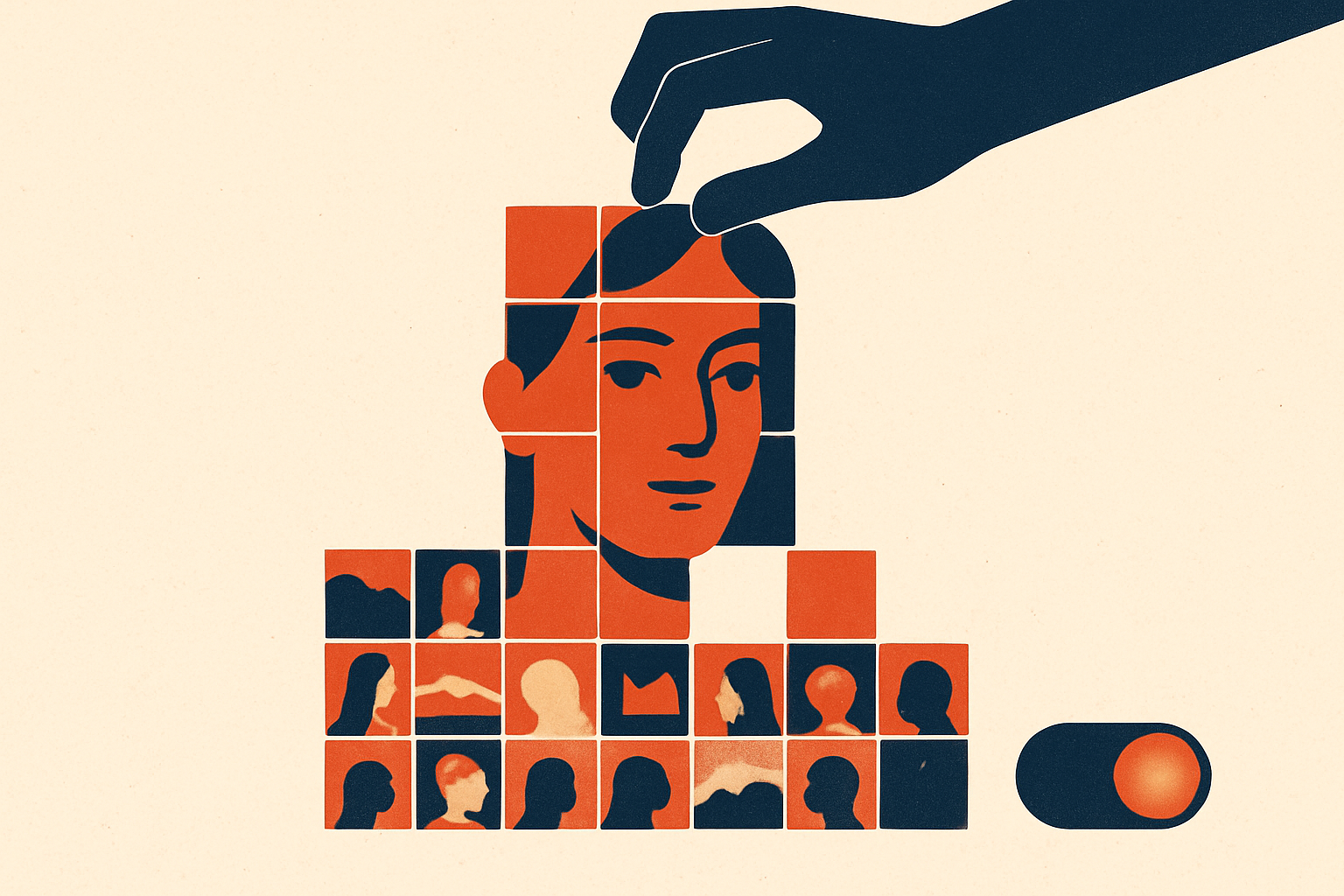 A grid of small square photo tiles being pulled upward and reassembled into a single new portrait, with one toggle switch in the corner glowing 'on'