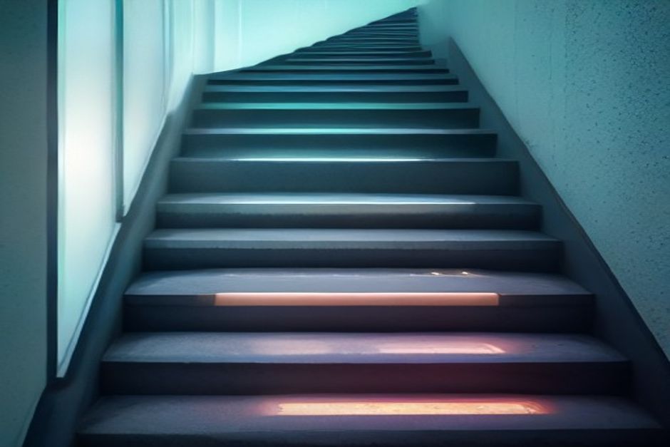 Three ascending steps labeled April, June, August where only the top step glows on its agentic-capability face while the raw-height gain between steps stays flat — cool steel and mint with one amber highlight on the newest step