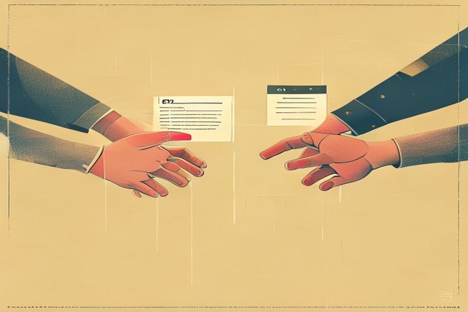 Two agent nodes owned by different hands reaching across an org boundary to shake, an AgentCard passed between them like a business card