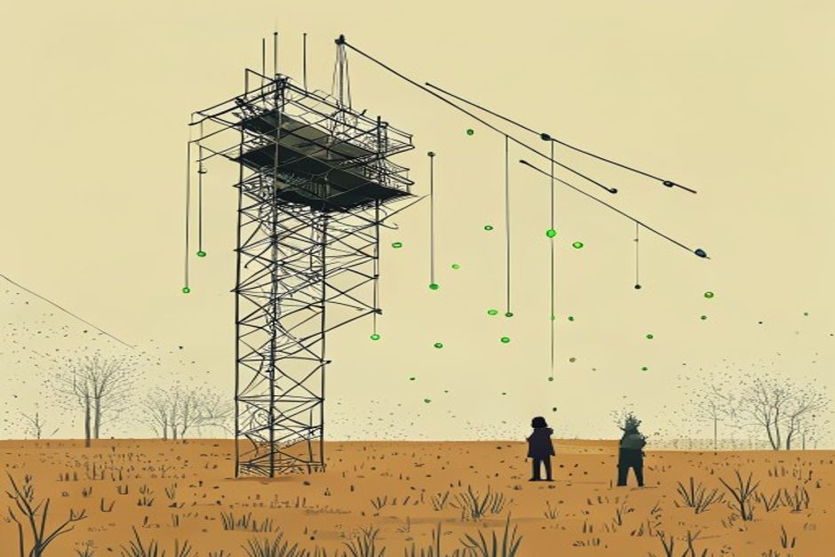 A large vendor-branded scaffold being lowered by crane into a field of small bare Go loops, goroutines branching off as green filaments, one context deadline threaded through all of them