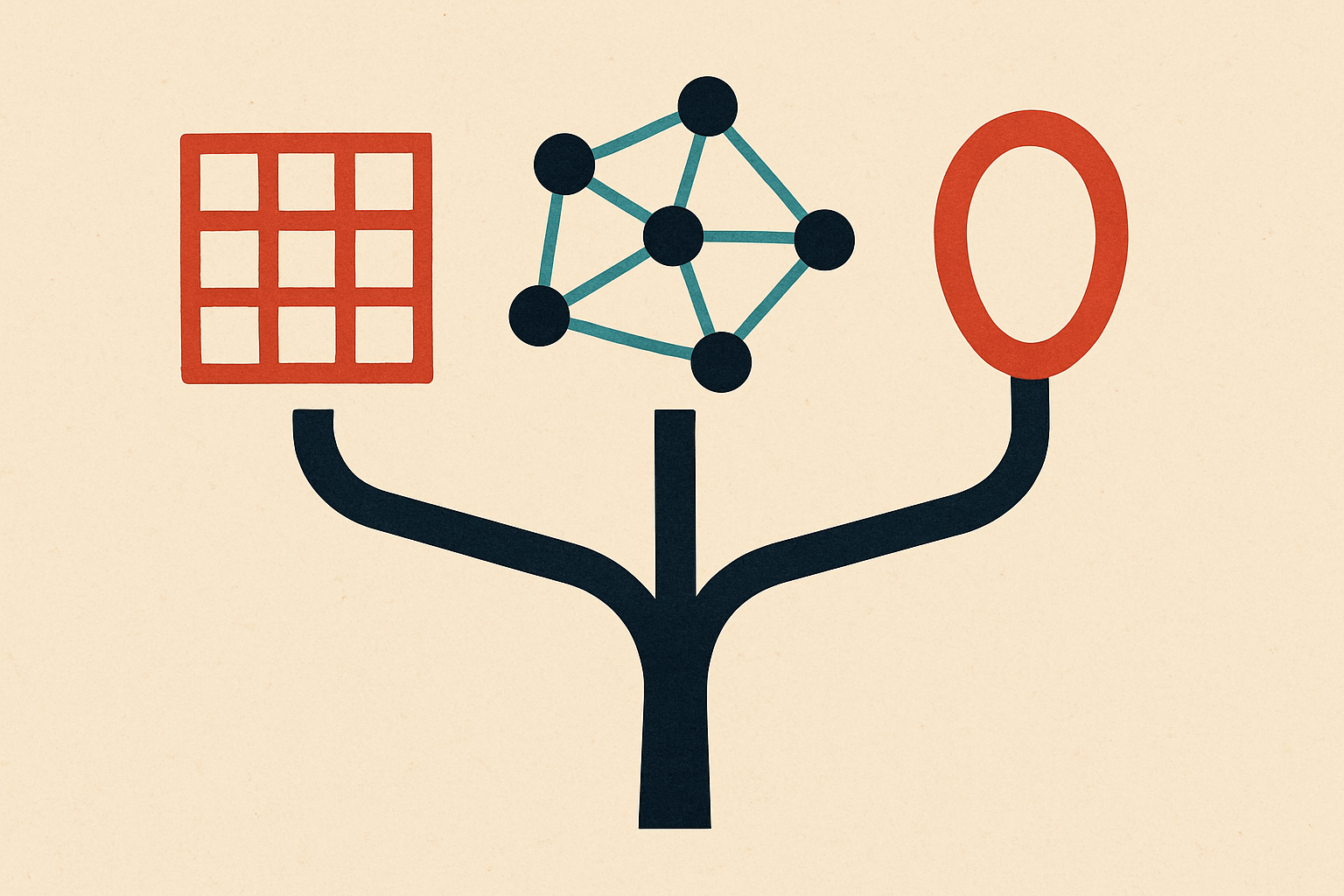 Three distinct routing shapes branching from a single decision node — one enterprise grid, one dense graph of nodes and edges, one lean single loop — drawn as a fork, not a ranking