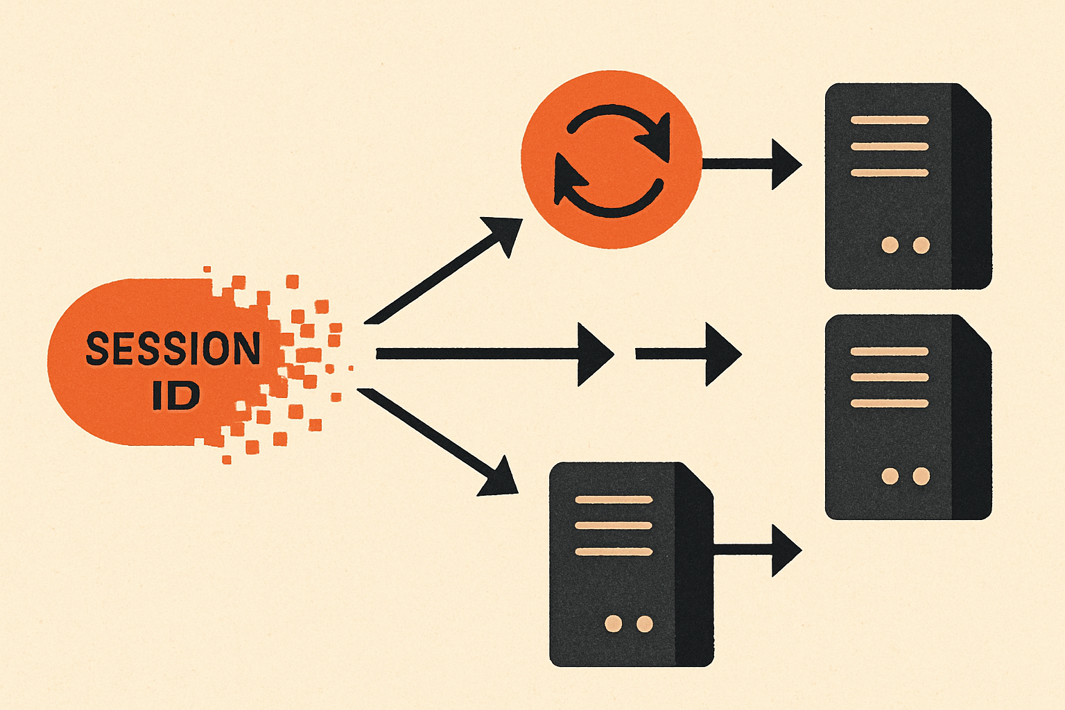 A session-id token dissolving as identical requests scatter to independent server nodes behind a round-robin load balancer