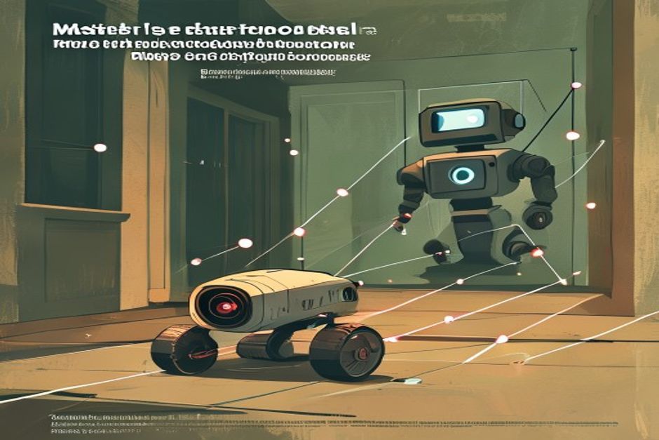 A small wheeled robot with a single glowing camera eye tracing a clean path through a dark house, dashed sensor-cones from a bulkier robot behind it fading out