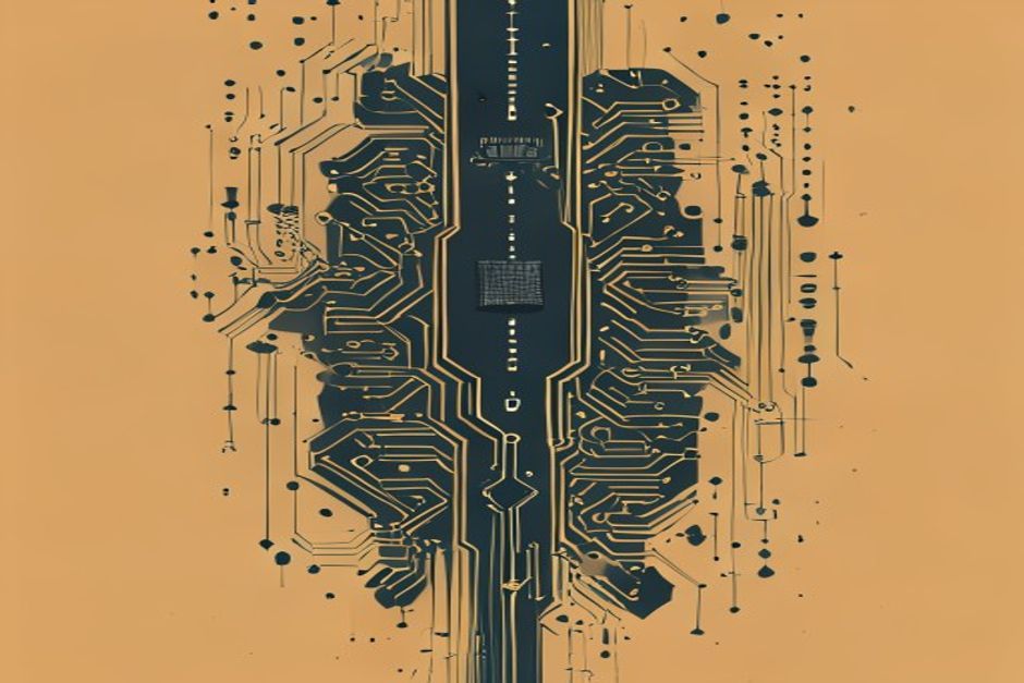 A single vertical seam down the middle of a circuit board, one resolver chip at the top routing traces left and right to two separate but mirrored subsystems