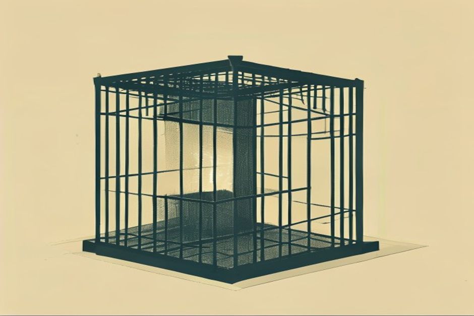 One cage built from a hardware wall enclosing a full kernel, beside one built from a glowing rulebook wrapped around a bare process — same prisoner, two shapes of cell