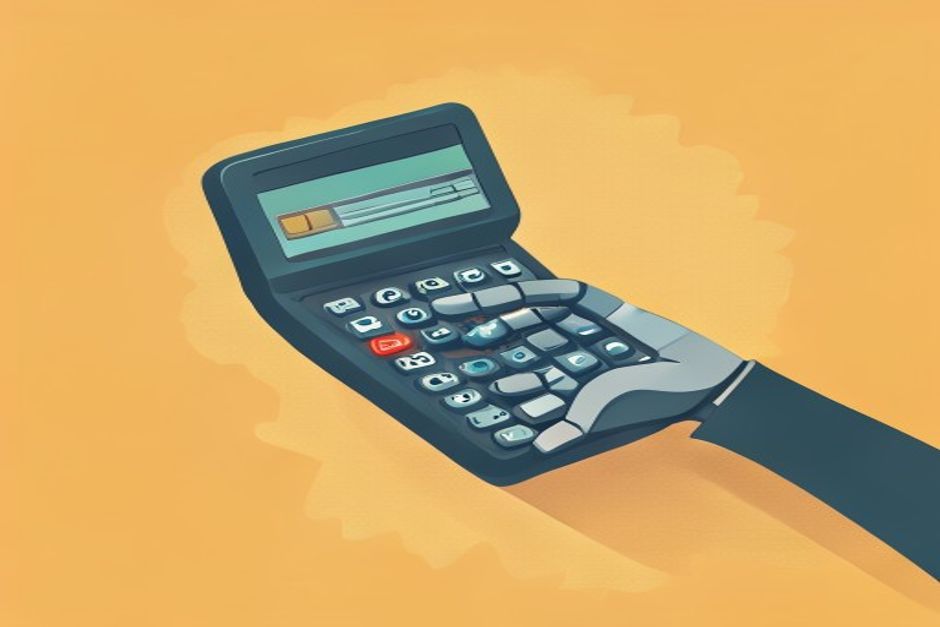 A credit-card terminal with a small robot hand hovering over it instead of a human hand