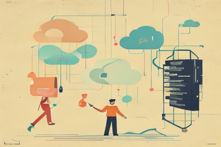 A founder at a fork — one path to a rented cloud API meter, the other to a self-hosted GPU rack behind a lock