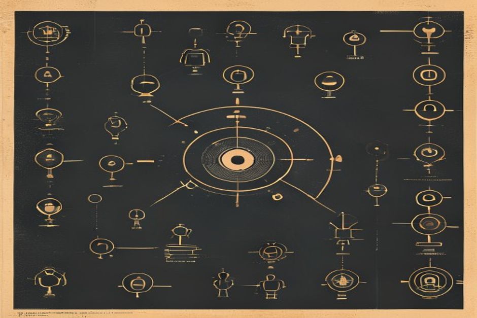 A single control dial over a field of small agent icons, one icon lit and traced by a line back to a human silhouette, dark security-console palette
