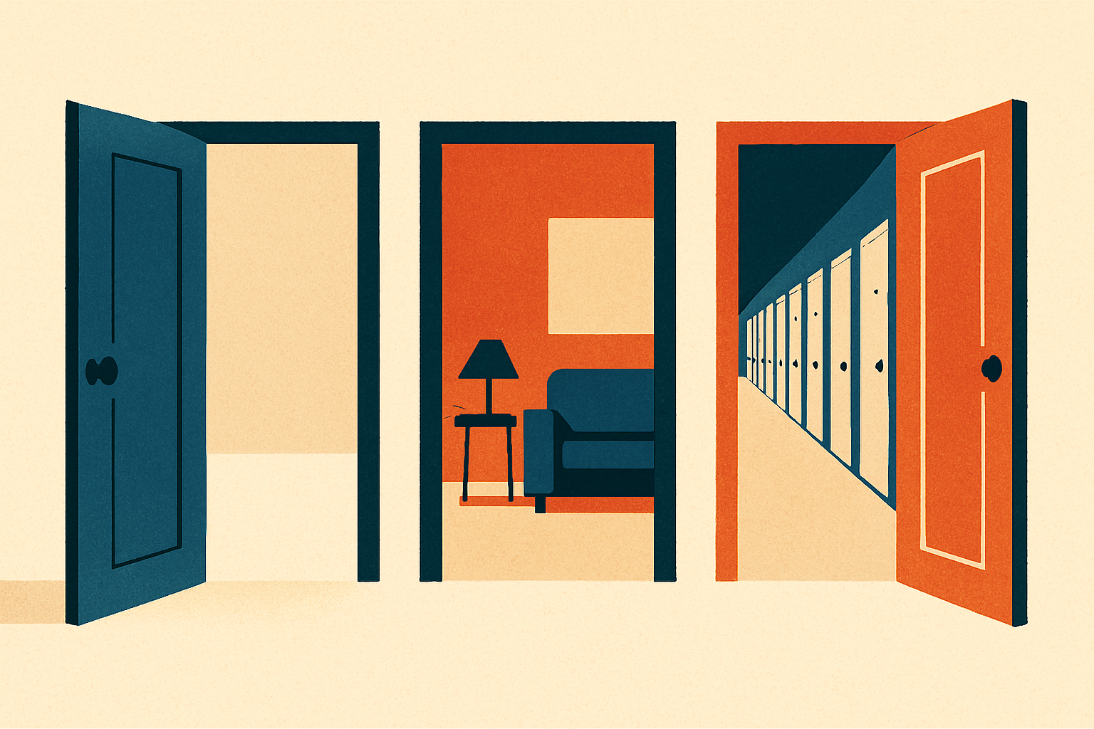 Three doors — two open into the same large shared hall (one bare, one furnished), the third opens onto a long corridor of tiny identical private rooms
