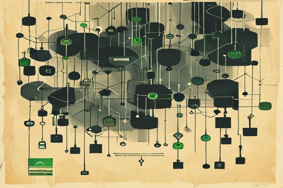 A dark identity graph where a few human nodes are dwarfed by a dense swarm of small machine and agent nodes, each carrying a tiny key glyph, cool steel with a single green owner-tagged node