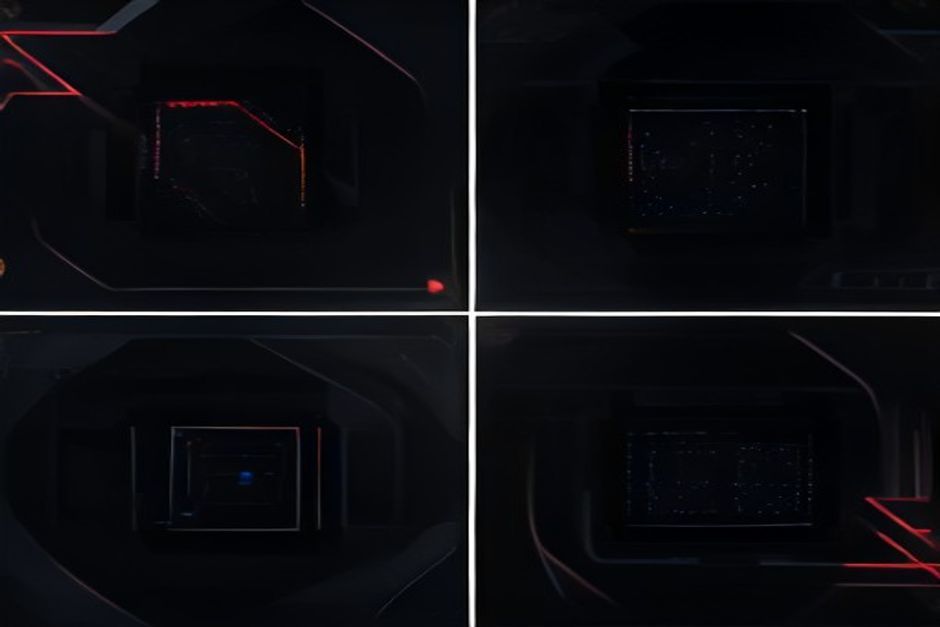 Three GPU cards side by side, the smallest one on the left fully lit and self-contained, the middle one lit with a faint quantization grid overlaid, the right one dark and pointing off-frame to a distant rack; monospace parameter counts under each, a hard vertical seam between the first two