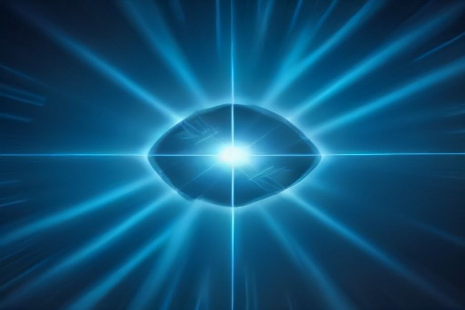 Beams of light converging through a photonic chip lattice, an HBM memory stack greyed out and bypassed to one side, SRAM cells glowing on-die, cool steel and deep blue with one warm mint beam for the optical path