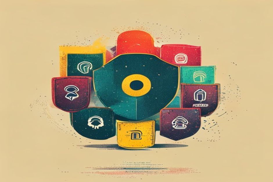 A ring of interlocking shields around a single small agent glyph, each shield stamped with a different open-source mark — a key, a fingerprint, a locked file, a magnifier — one shield still being lifted into place