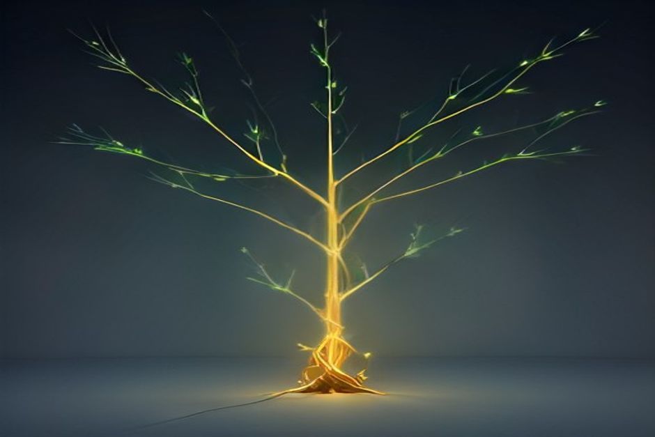 A single bright node seeding a branching graph that fans forward into many faint future nodes, the early free gift at the root quietly wiring every downstream company to one hub, cool steel with a single warm-gold spark at the origin