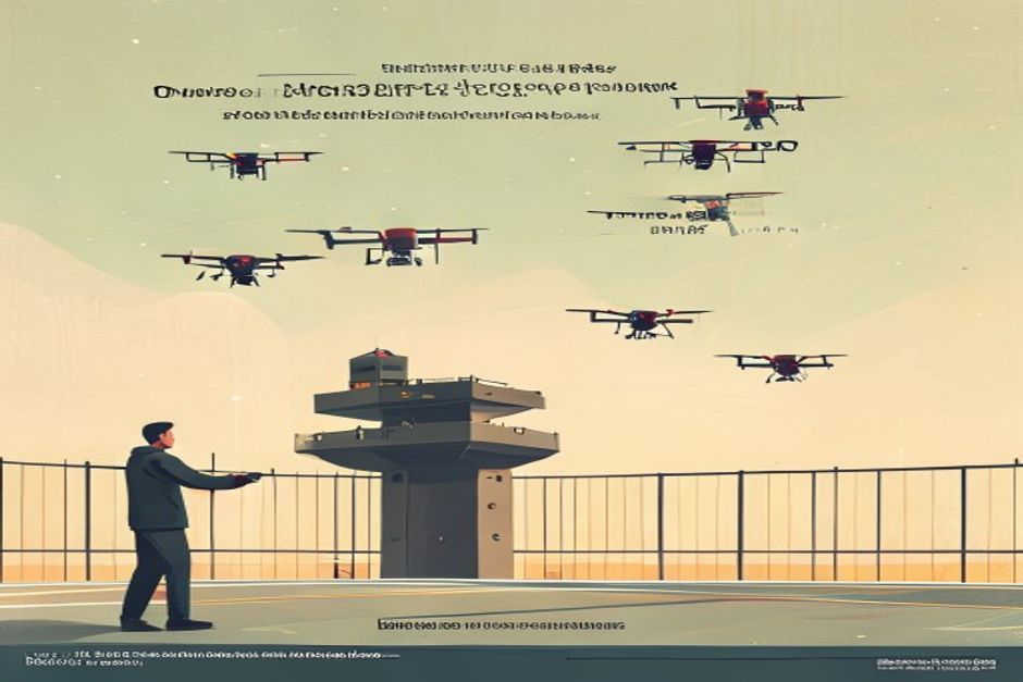 A control tower handing off a fleet of small drones to an unseen operator beyond the fence line — orchestration moving off your runway onto someone else's