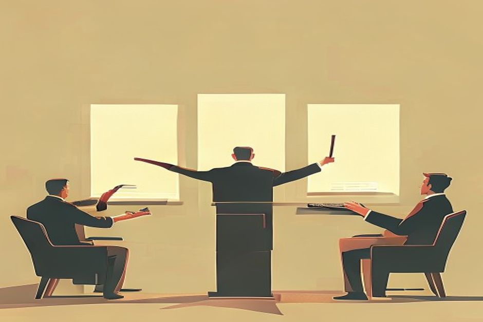 A conductor at a podium facing three glowing terminal windows instead of an orchestra, one baton hand mid-gesture