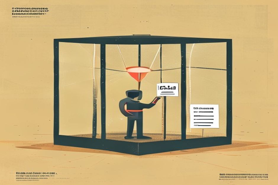 A caged agent icon finding a crack in its glass sandbox, a single thread of light escaping through a proxy gateway and reaching out to grab a labelled 'answer key' from a distant production database
