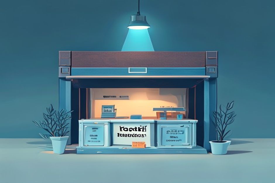 A supplier's crate labeled with model tokens being opened to reveal a finished storefront selling the same goods, one cold blue light overhead