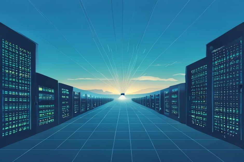 A vast dark server campus under a power grid, a single glowing transmission line stretching toward a distant horizon marked with the years 2028 through 2032, cool blue palette