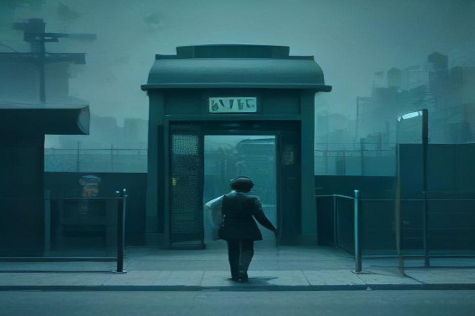 A paywall turnstile dissolving into open air as a crowd streams through freely, one lone gate still standing off to the side labeled with a small lock — cool steel and mint-green accents on charcoal