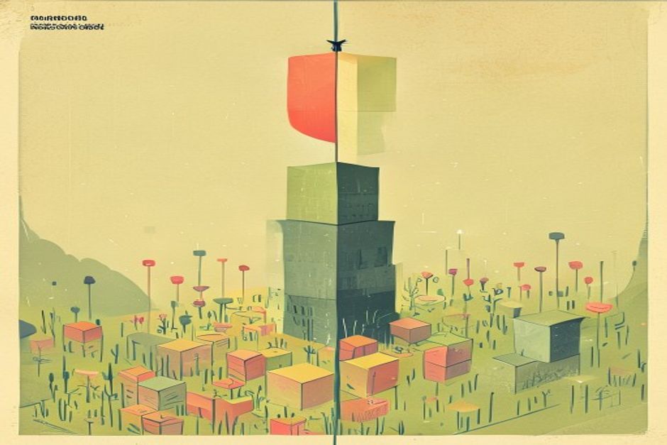 A vertical split, one side a small dense frontier cube, the other a wide shallow field of cheap tokens, a routing line deciding which way each task falls