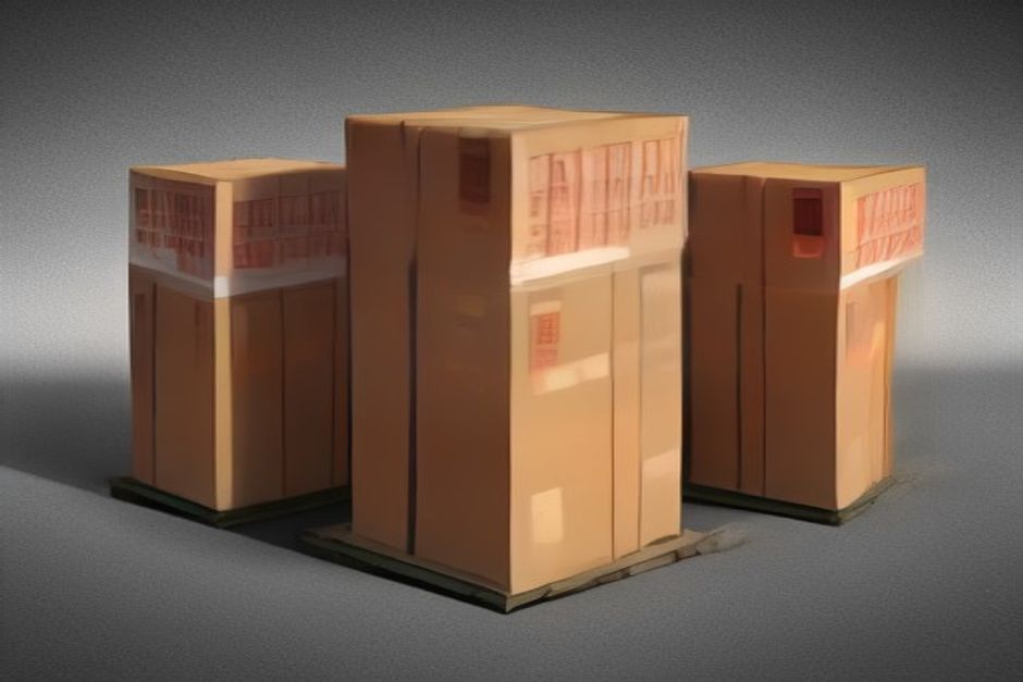 One extension module facing two different loading docks — a searchable shelved catalog on the left, a single sealed shipping crate stamped with a hash on the right