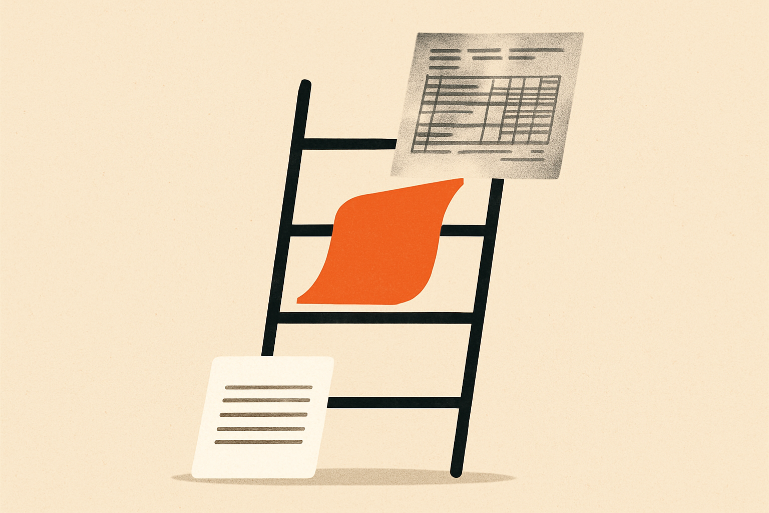 A ladder of four rungs, a plain typed page at the bottom and a smudged scanned form with dense tables at the top, a document climbing to the rung that can read it