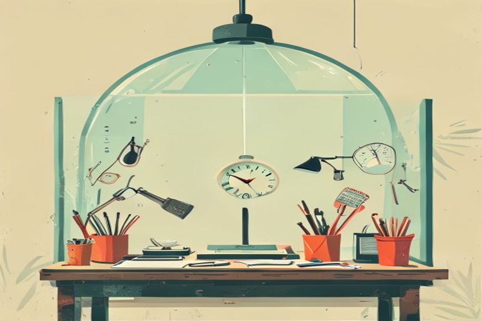A workbench frozen mid-project under a dome of glass, tools resting exactly where they were left, a pale clock above showing that days have passed while nothing moved
