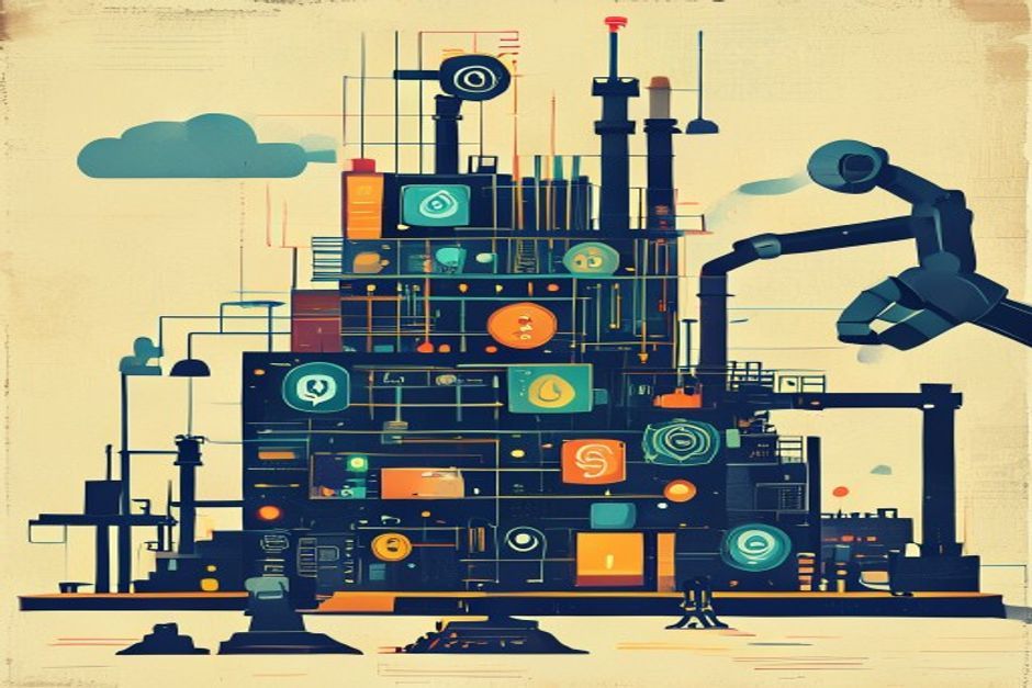 A stack of capital flowing past glowing software-agent icons toward a robotic arm and an industrial silhouette, one giant funding bar and one small one rising over a factory floor