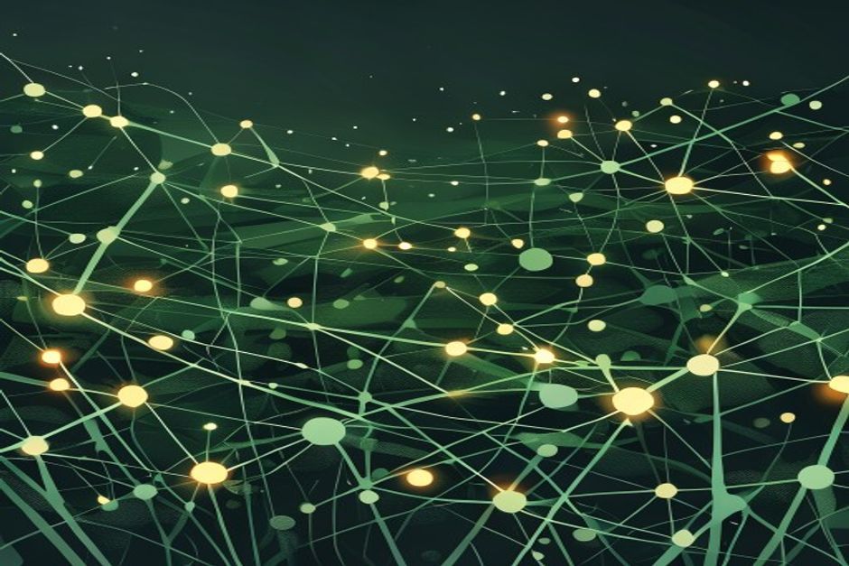 A dense mesh of self-addressing nodes lighting up on a dark field, thin green links snapping between them with no visible operator, a few unlit nodes at the edge unaware they are already wired in, cold slate