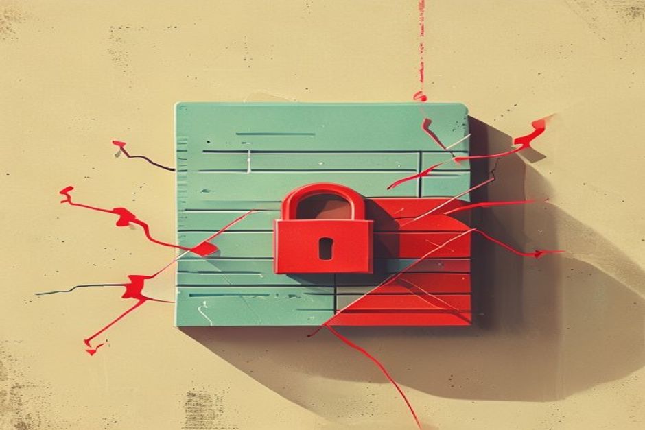 A requirements.txt file with three lines lit red and version numbers cracking, a padlock-shaped pin clamping each line back into place, dependency arrows snapping between package tiles