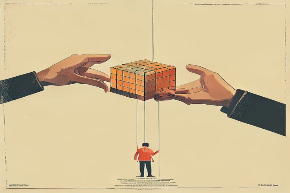 A memory cube suspended between two hands — a giant platform hand and a small founder's hand — a thin dashed tether to the platform side about to be cut