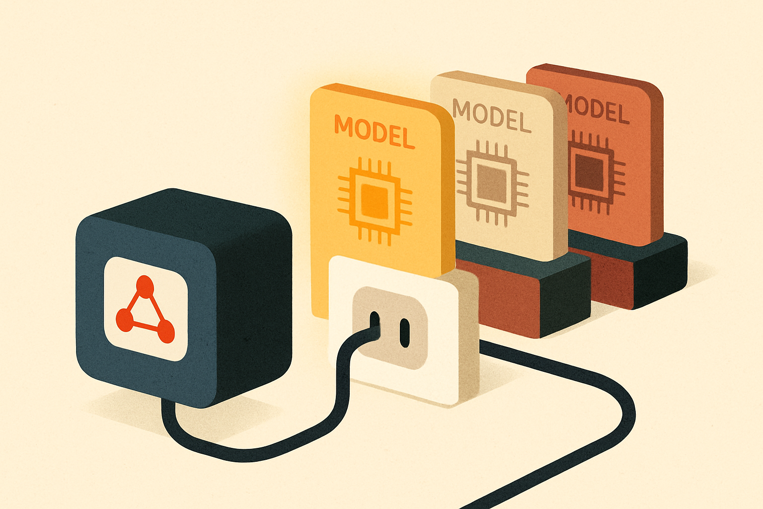 An application box connected to a single clean socket, and behind that socket a row of interchangeable model backends on different chips plugging into the same shape, one lit as primary and one waiting as fallback