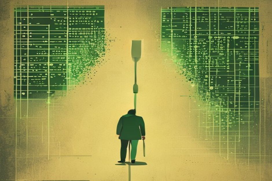 A fork in a monospace path — one branch a single flat file glowing on a laptop, the other a cluster of networked database nodes; a founder standing at the split, cold grid, green accent on the chosen branch