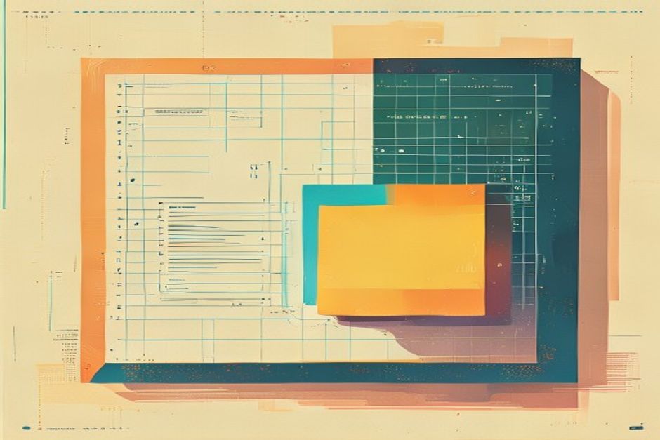An invoice line-item transformed into a percentage sign, a small dense chip outperforming a much larger glowing one beside it, a Windows-style window frame in the background rendered as a control panel, stark grid, monospace numerals