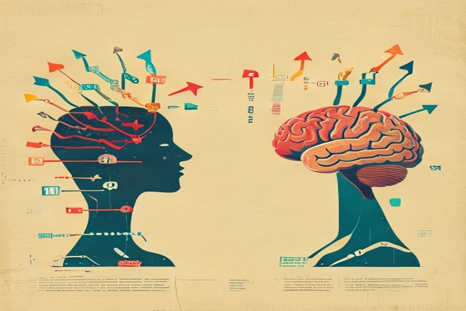 On the left a chain of arrows bouncing back and forth to a single brain; on the right one brain writing a small program that fans out to many tools at once
