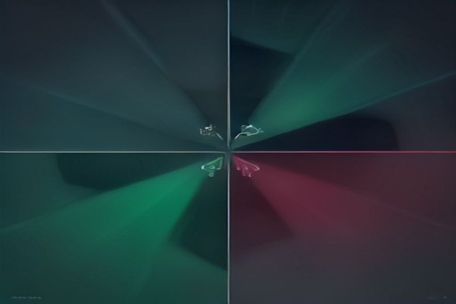 Three coordinated agent swarms in red, blue and green tracing a single finding across a dark security grid, most work flowing through a small bright node and only a thin stream escalating to a large distant one, cold steel and mint