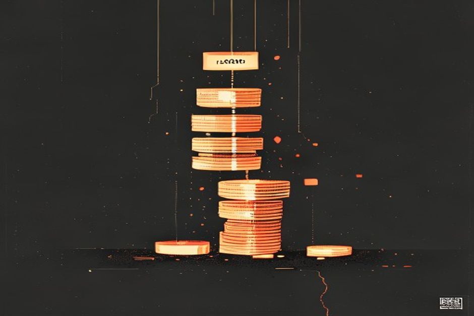 Two stacks of glowing tokens against dark — one stack has a small price tag falling to a tenth of its size while the count of tokens stays the same; the other stack physically shrinks as tokens are deleted from the bottom; a thin fracture line runs between them where a cache breaks