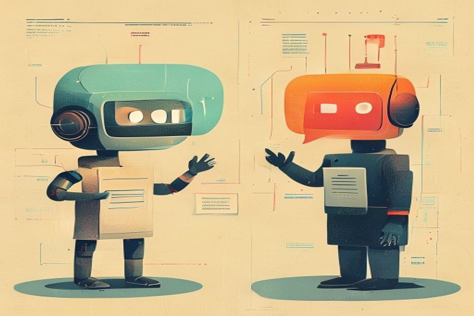 A chatbot on the left with a single glowing speech bubble being polished; on the right an agent loop where the bright, edited text is not the user's message but the labels on a rack of tools and a stamped output form the model reaches for again and again each turn