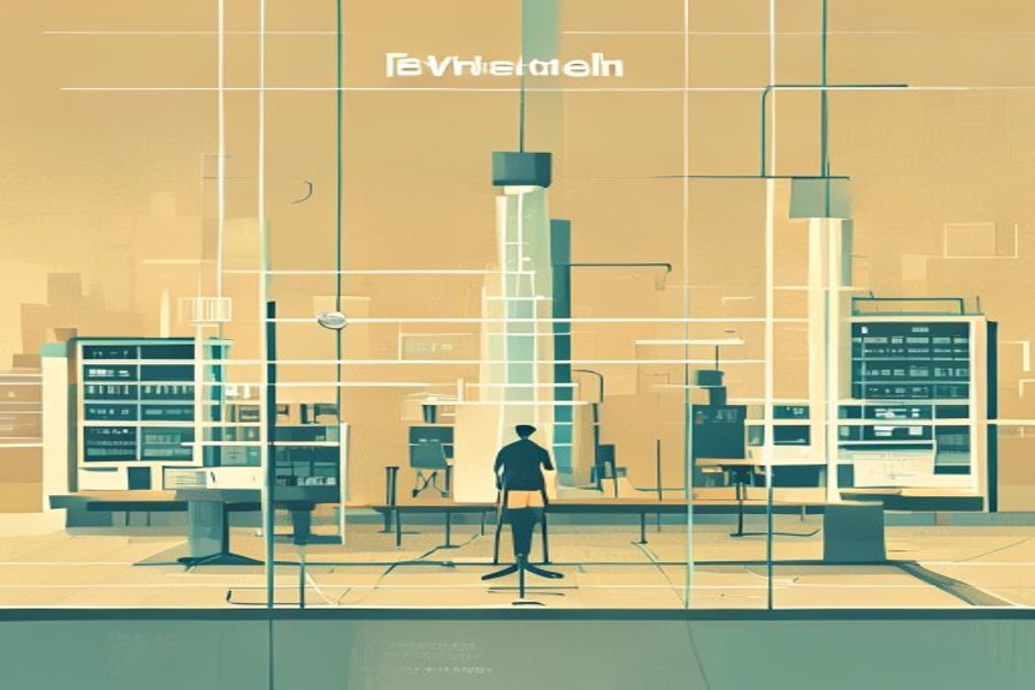 Three eval harnesses drawn as three control rooms — one absorbed into a large single-lab campus, one a lean independent studio, one a neutral foundation hall — the same test-tube passing between them along a versioned pipeline