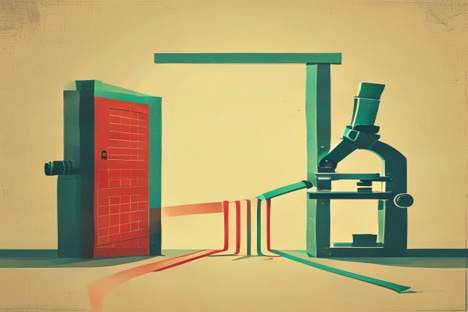 A gate on the left with a red-or-green light barring a doorway, and a microscope on the right leaning over a long ribbon of trace spans — one loop of arrows connecting the two