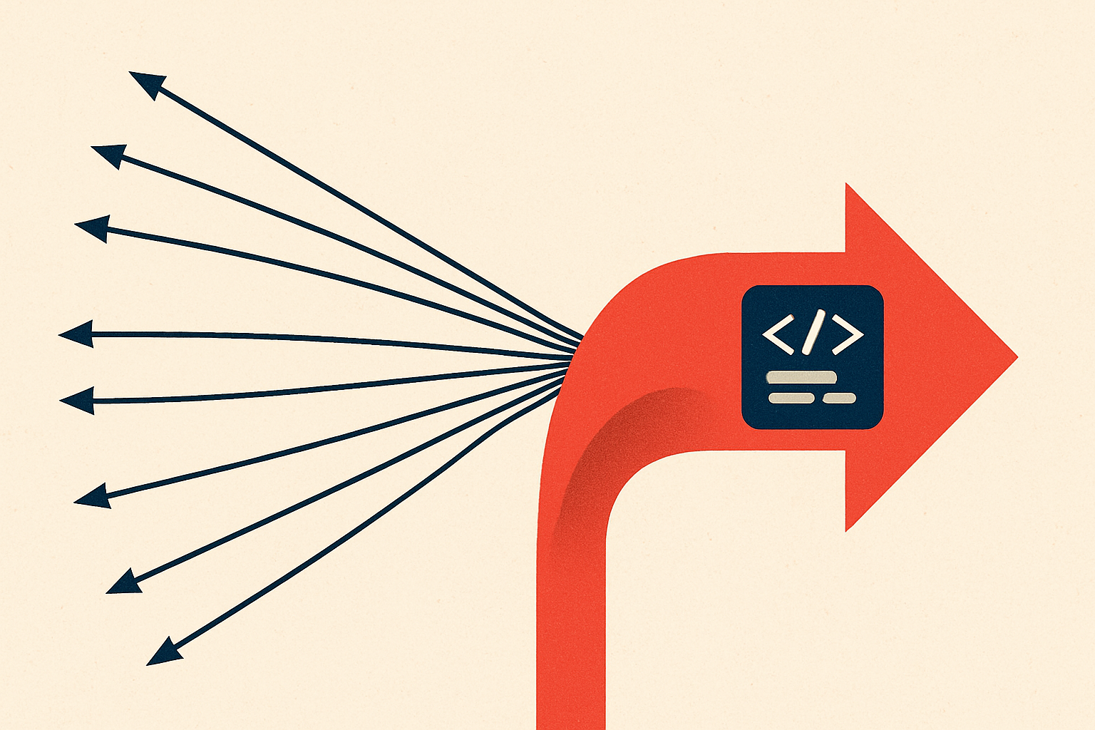 A fan of many thin call-arrows collapsing into a single thick arrow that carries a small code block, the many-to-one funnel drawn as one dense turn instead of a long chain of steps